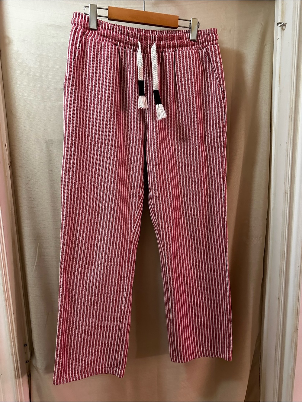 Red White Striped Cotton Drawstring Pants Wide Leg Elastic Waist Coastal